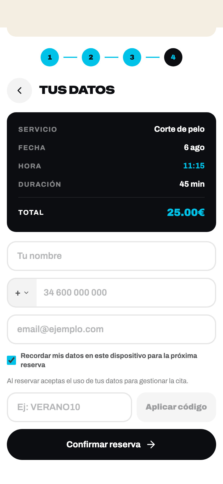 Booking step four — details and confirm
