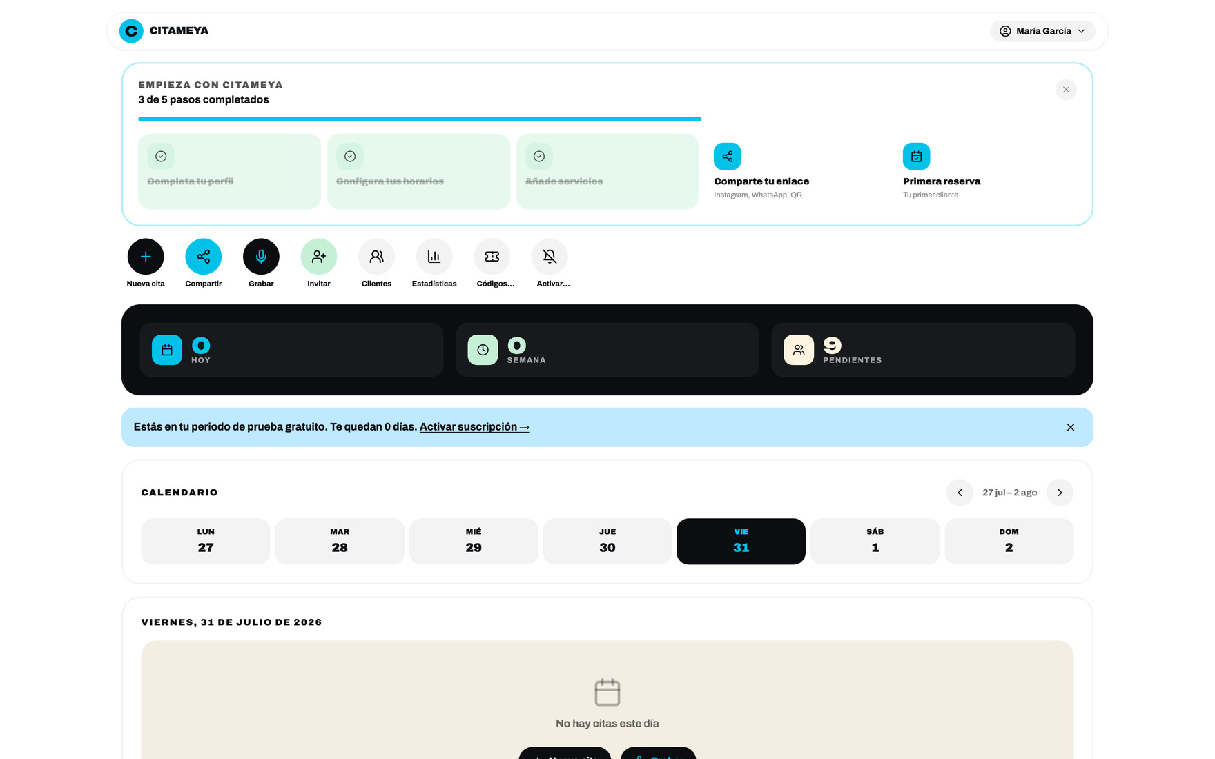 Master dashboard — setup progress, action bar, counters, week strip and the day’s bookings