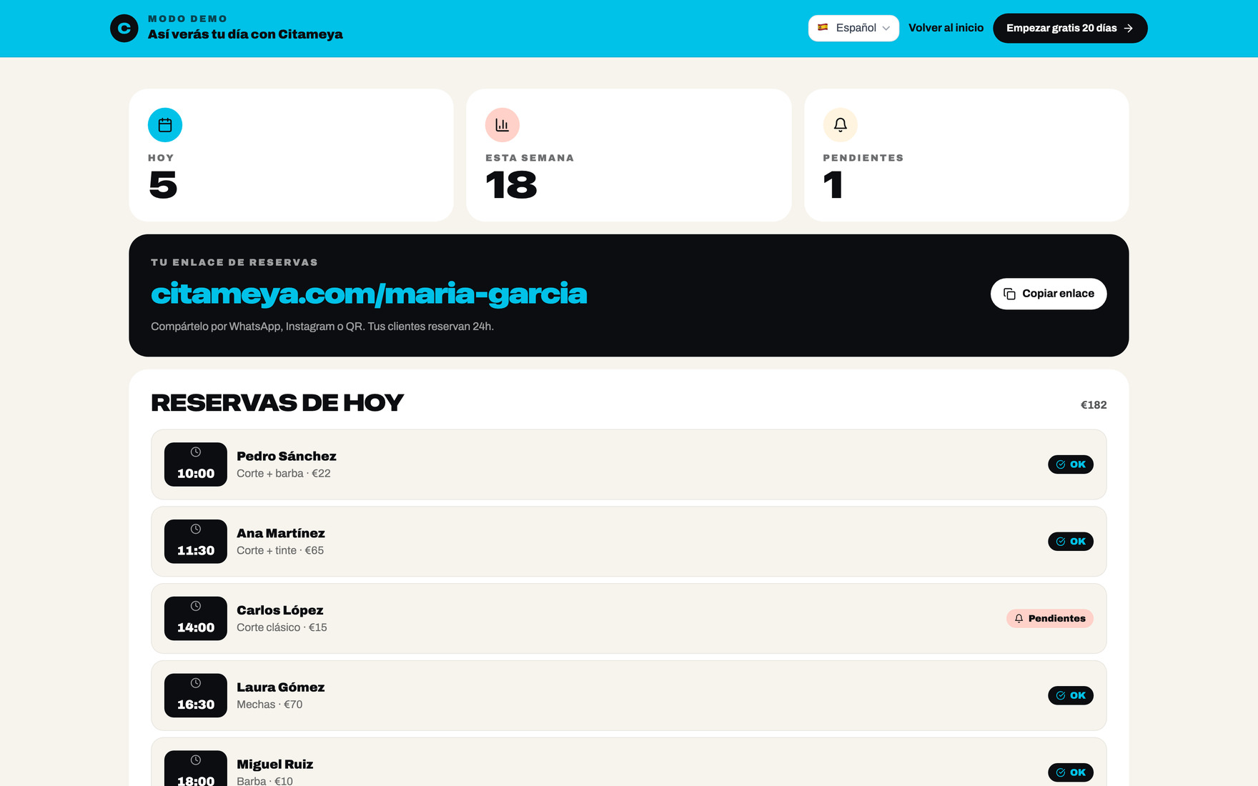 Demo mode showing a full day of bookings