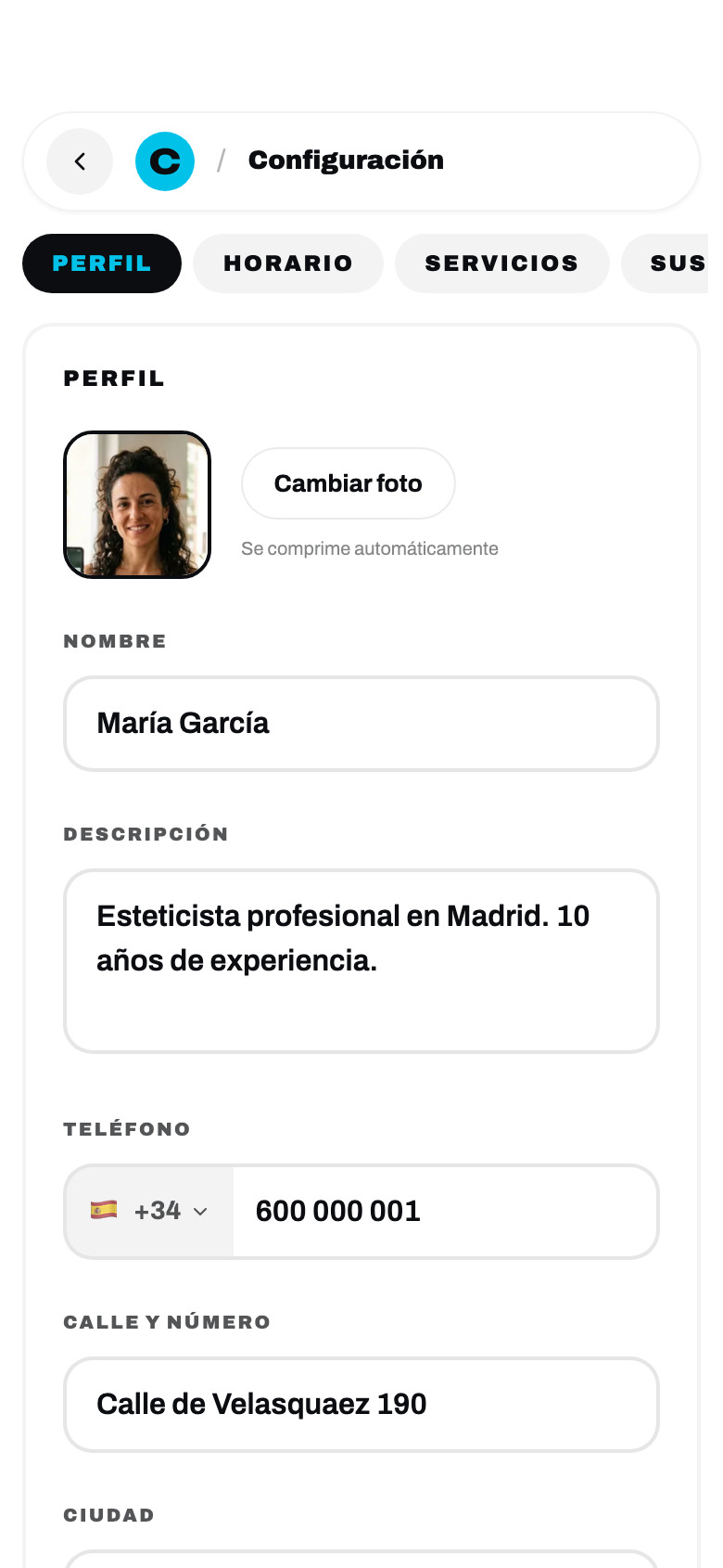 Settings — profile, hours, services and subscription