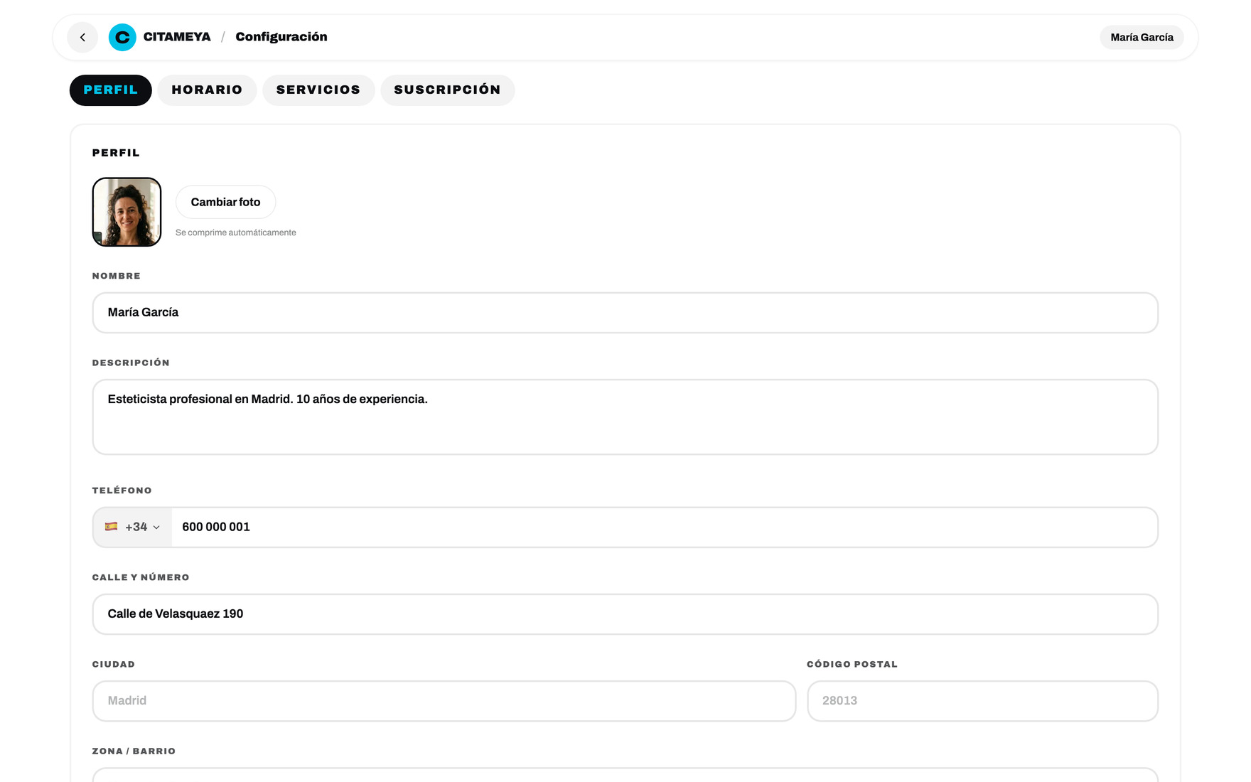 Settings — profile, working hours, services and subscription
