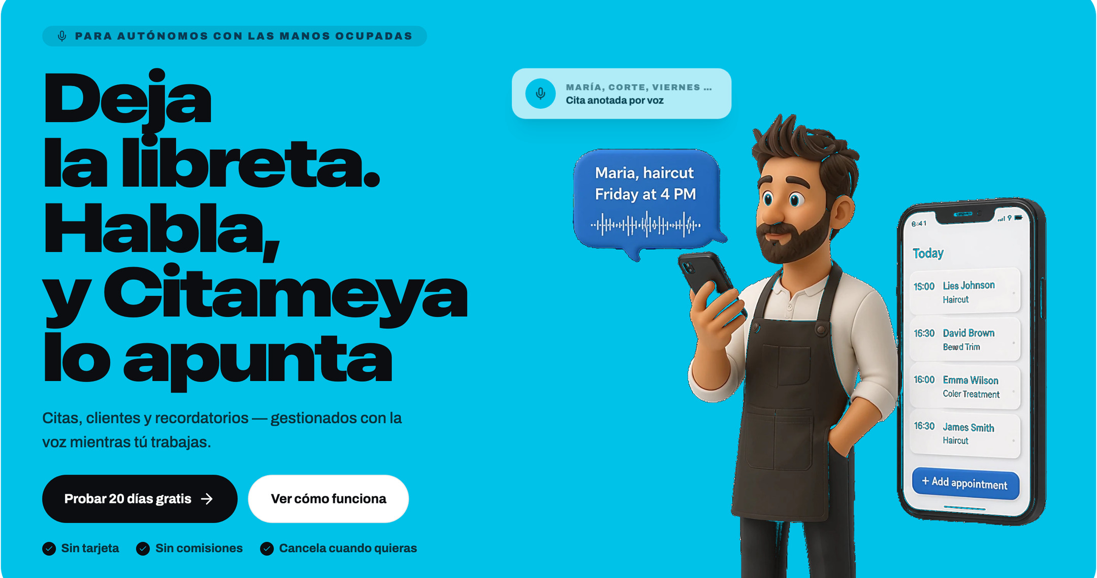 Citameya key visual — “Deja la libreta. Habla, y Citameya lo apunta.” over cyan, with a barber dictating an appointment