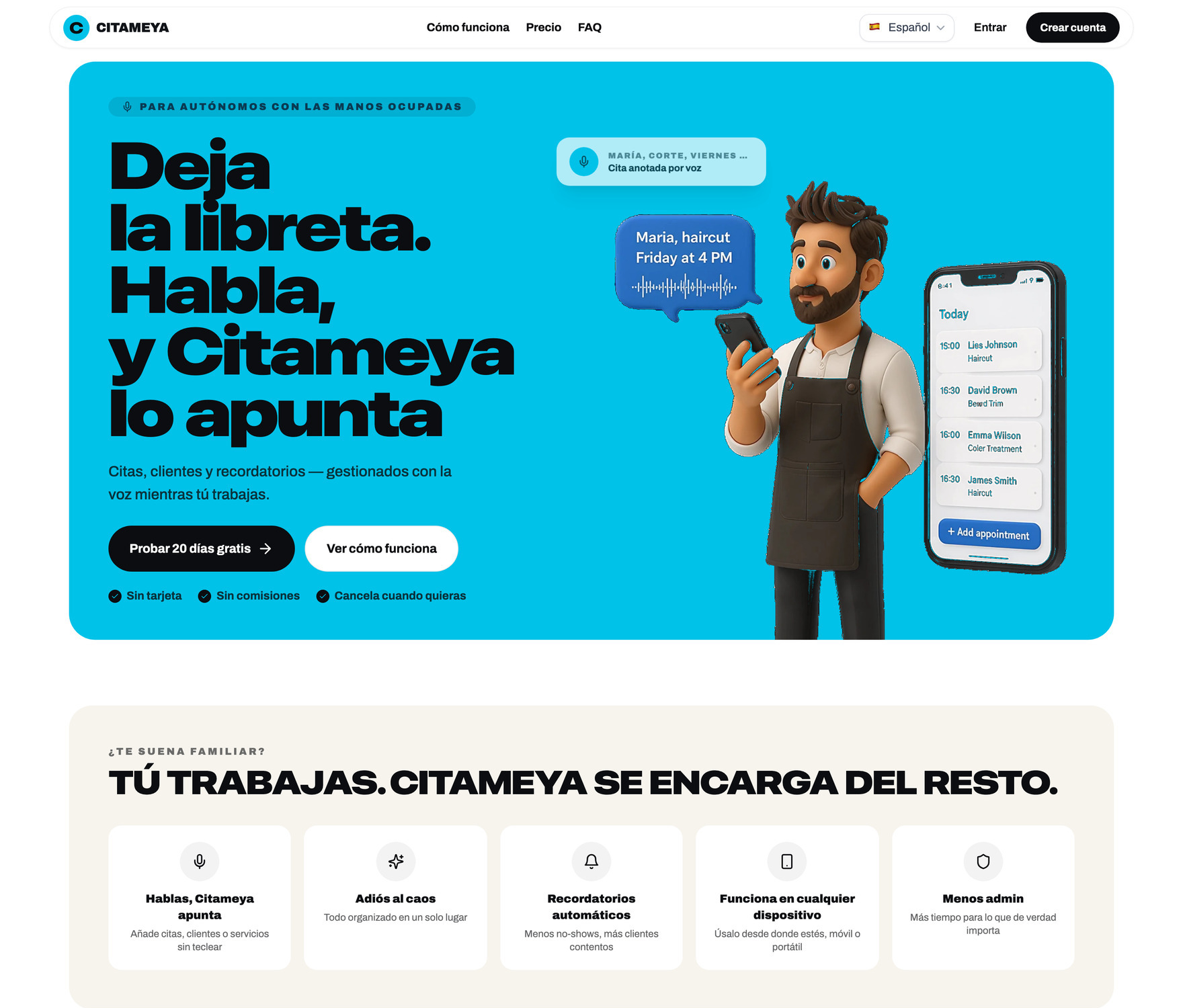 Citameya landing page — the voice promise, the benefit strip and the three-step explainer