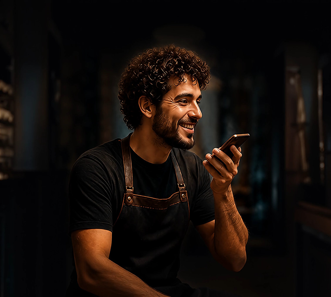 A barber in a dark salon, laughing as he dictates into his phone