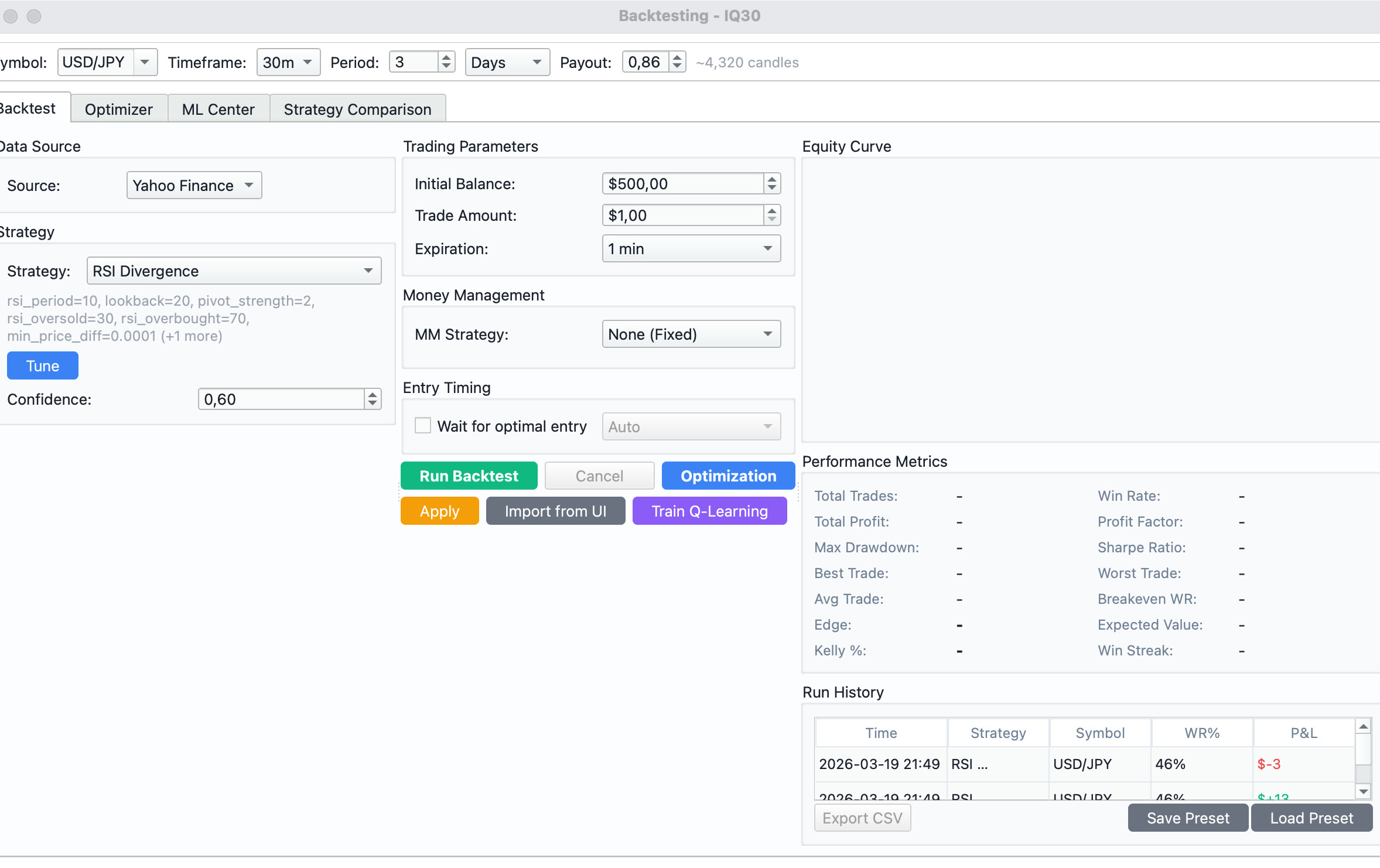 In-app backtesting panel — Backtest, Optimizer, ML Center and Strategy Comparison tabs