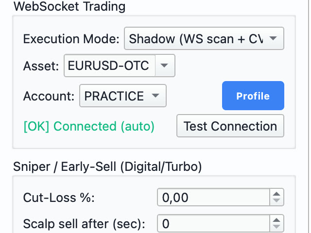 WebSocket trading panel — shadow execution mode, practice account connected