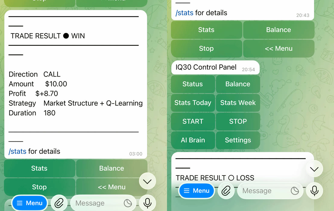 Telegram bot on the phone — a WIN trade notification and the IQ30 control panel with start/stop, stats and AI Brain
