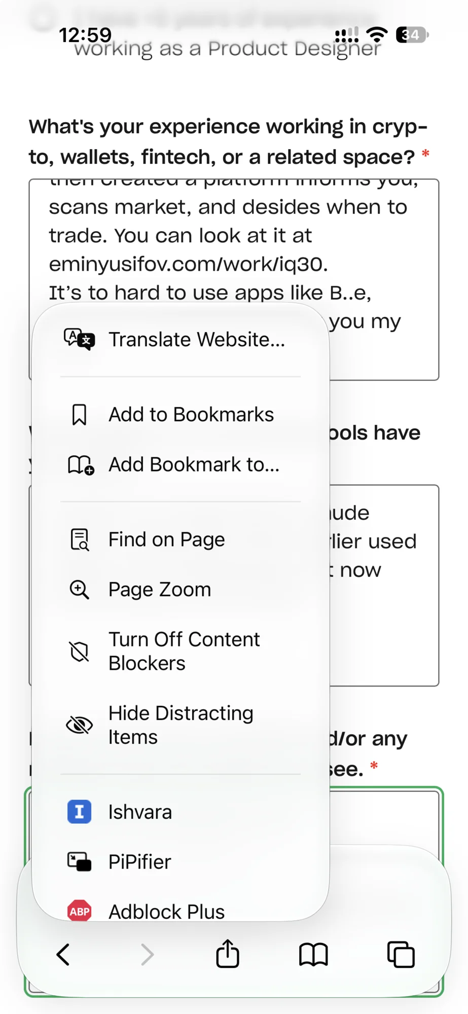 Safari on the iPhone: the page menu over an application form, with Ishvara listed among the extensions