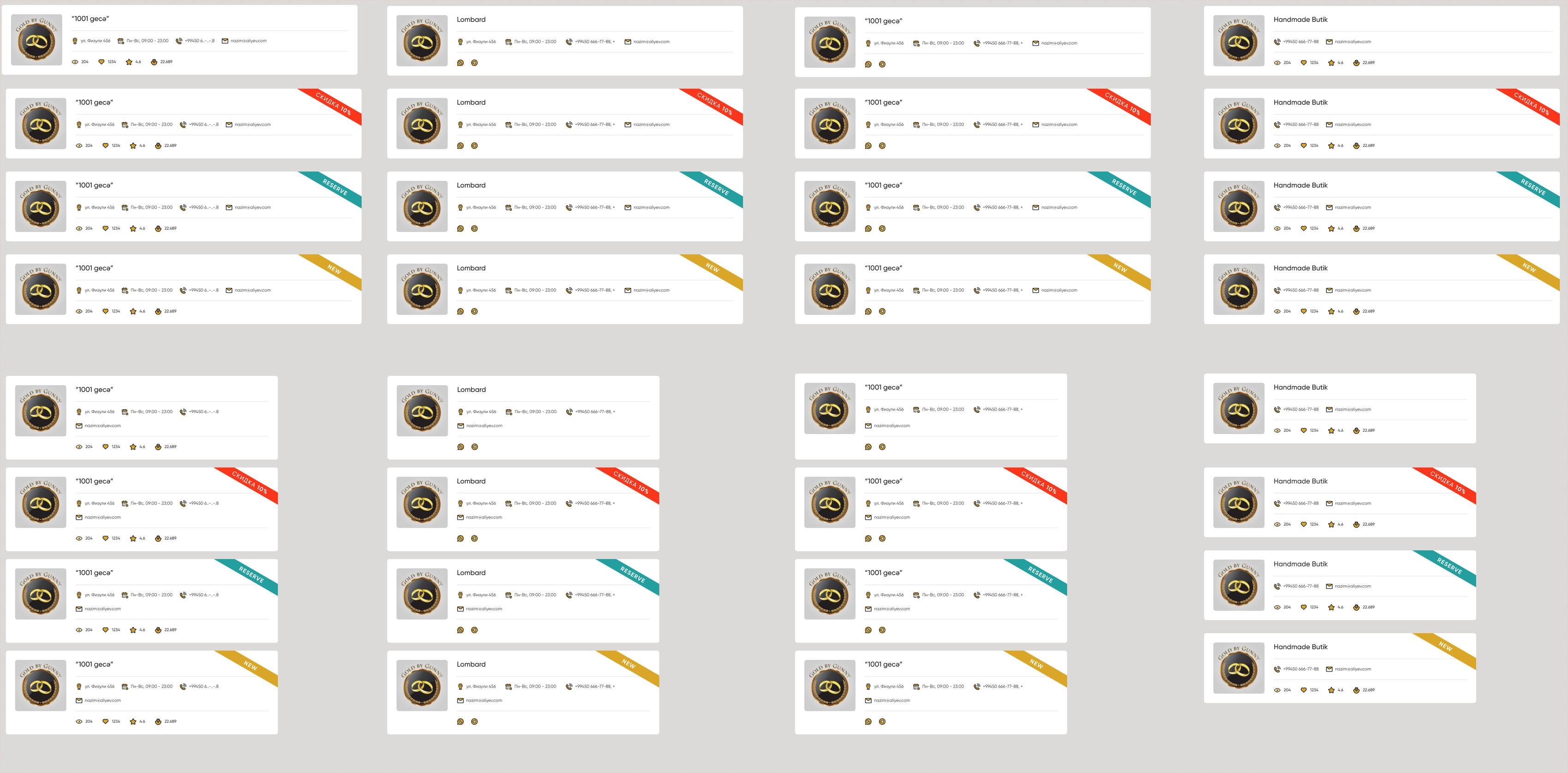 The Shop card component set in Figma: 32 variants laid out as four vertical types across the columns and four statuses down the rows, twice — once at desktop width and once at iPad width.