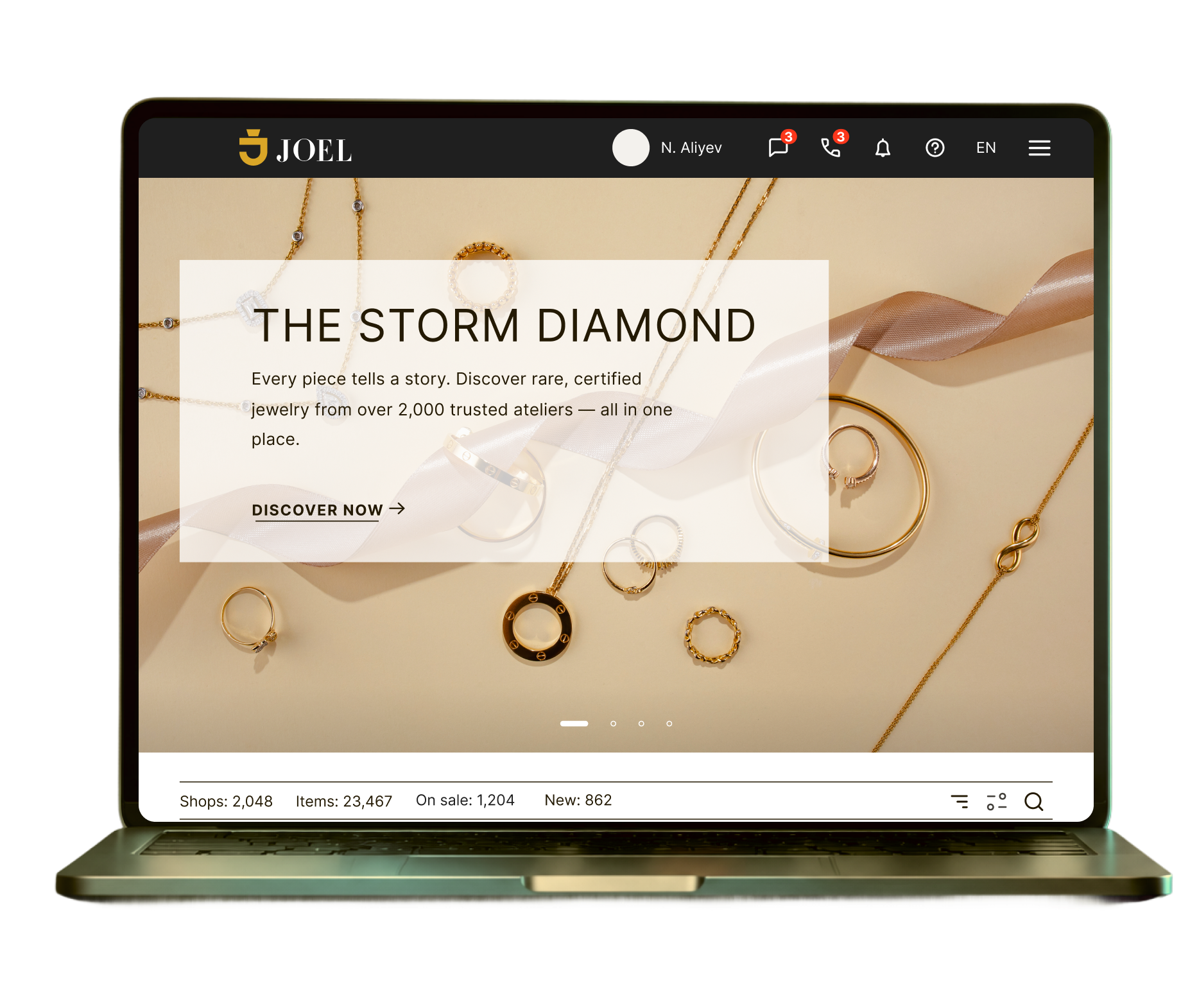 JOEL storefront on laptop — The Storm Diamond