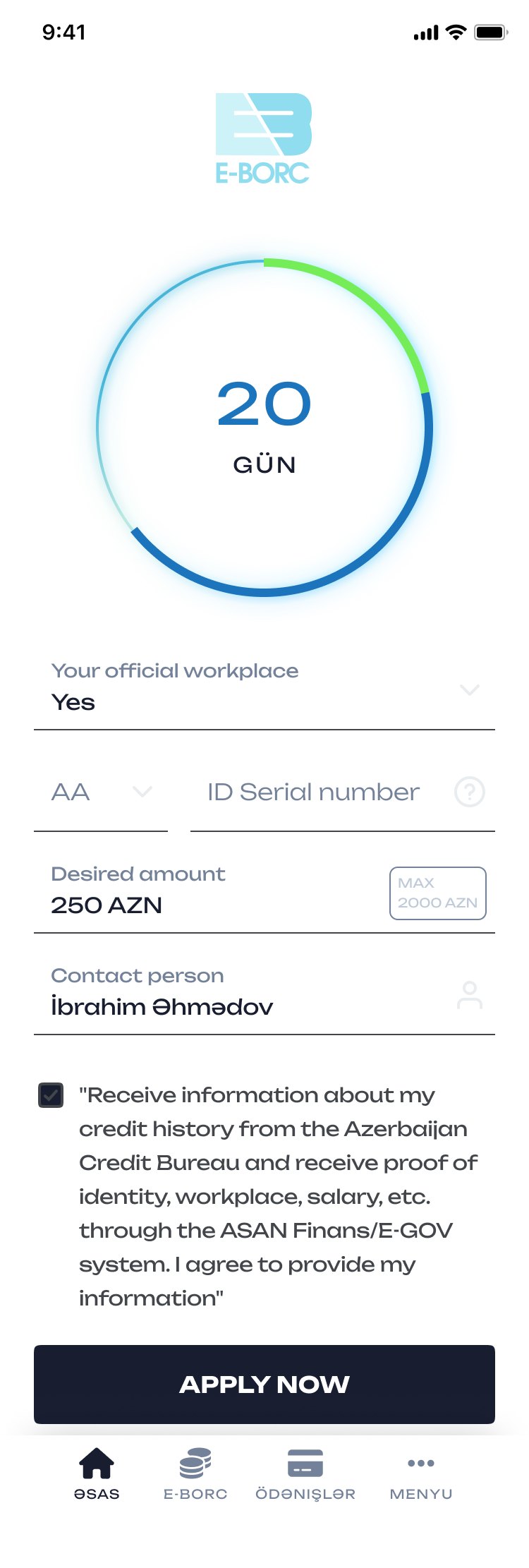 Application: term ring in days, workplace, ID serial, amount, contact person, consent