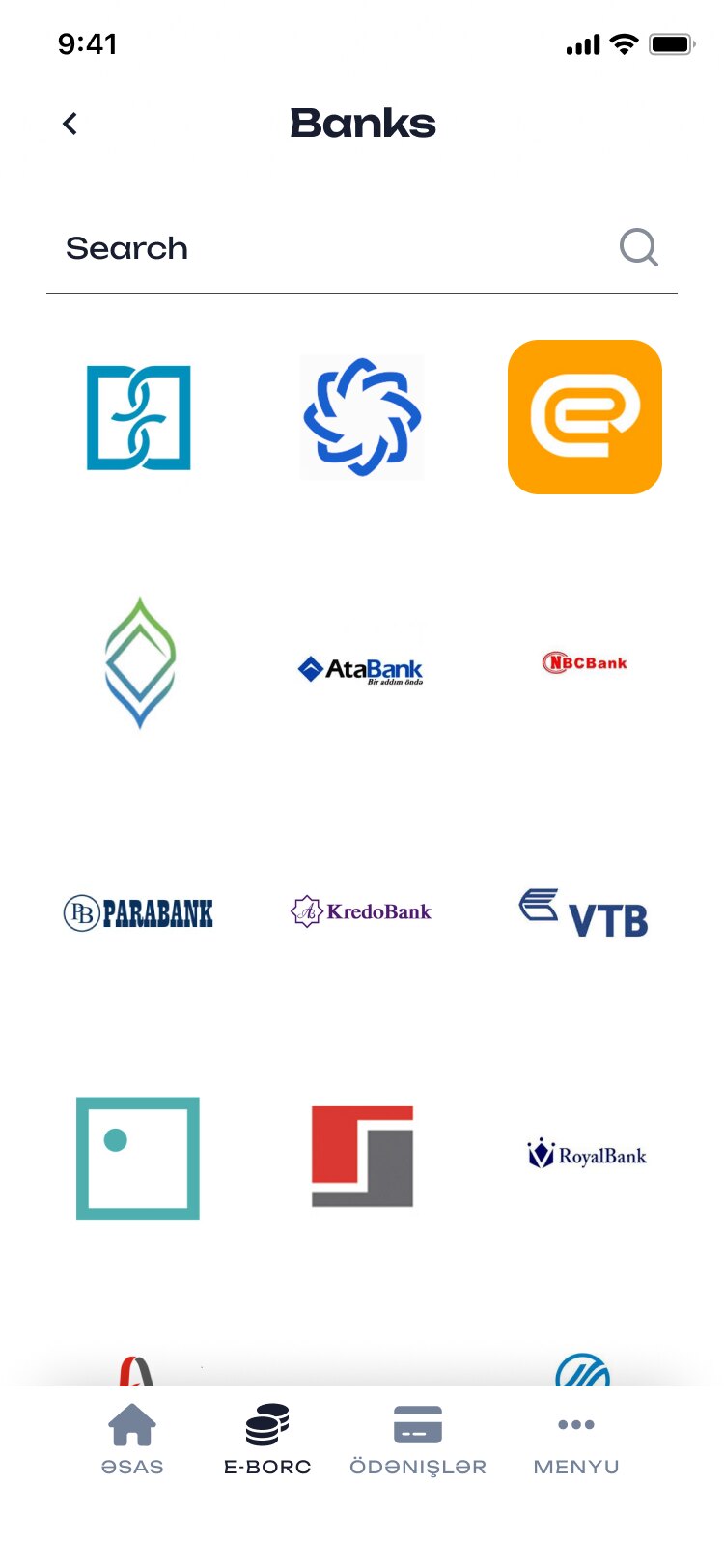 Banks grid with logos and search