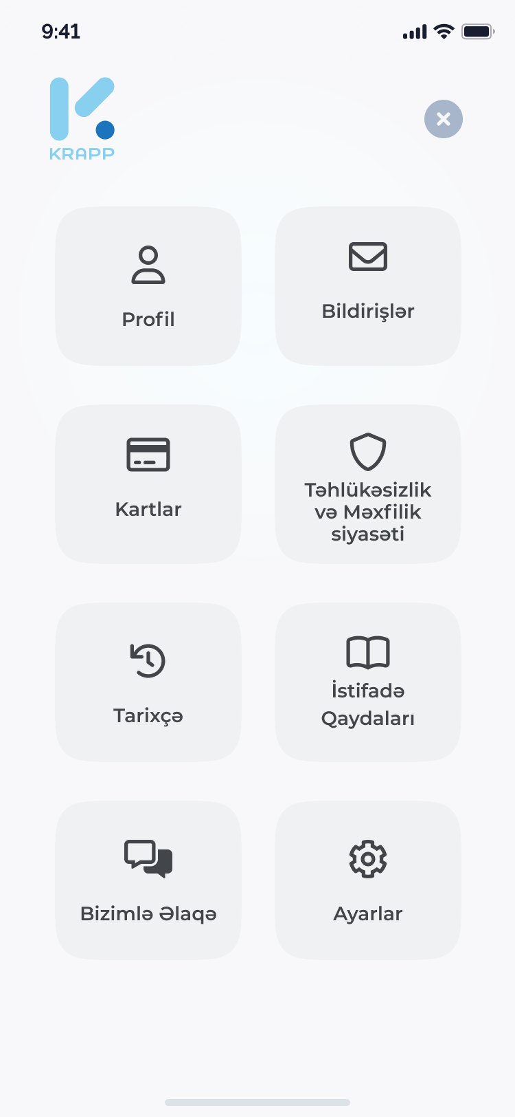 Menu: profile, notifications, cards, security, history, rules, contact, settings