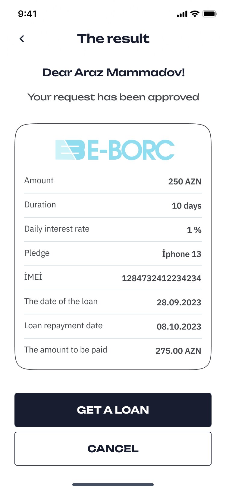 The result: amount, duration, daily rate, pledge, IMEI, dates, amount to be paid