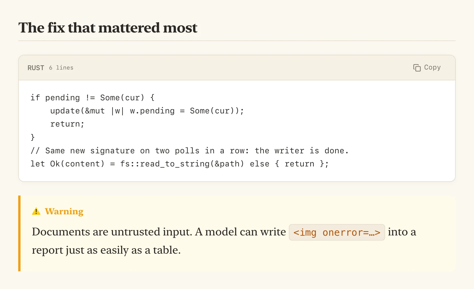 A Rust code block with language label and copy button, and a warning callout