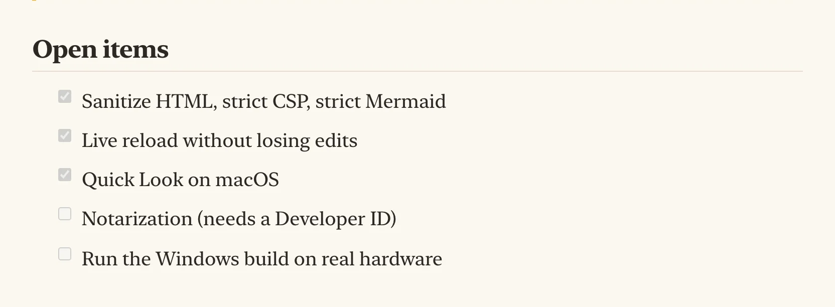 A task list with done and open items
