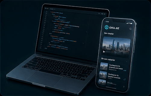 oxu.az design system — smart animation stop-frame: laptop + mobile with shared tokens