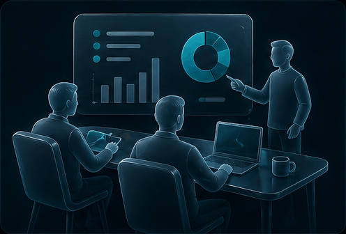 oxu.az communication — smart animation stop-frame: team review around dashboard