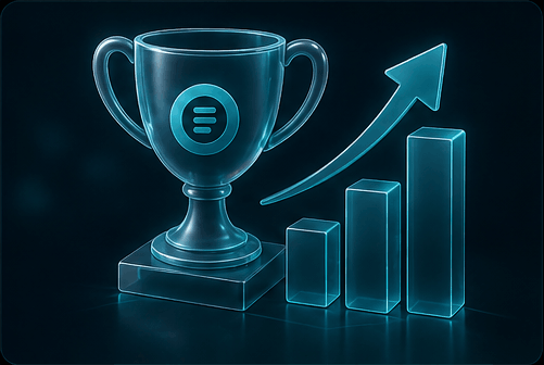oxu.az outcomes — smart animation stop-frame: trophy with growth arrow