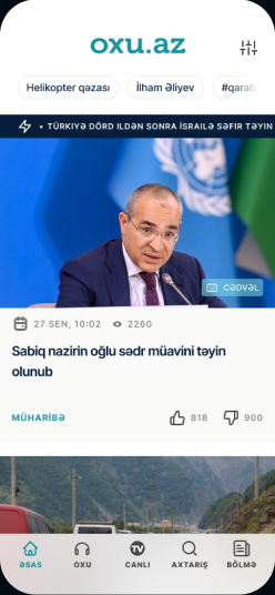 oxu.az mobile — home feed with breaking news badge