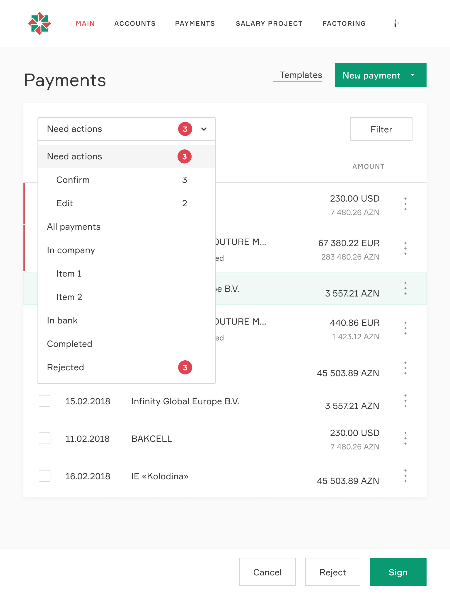 Payments at 768 with the status menu open