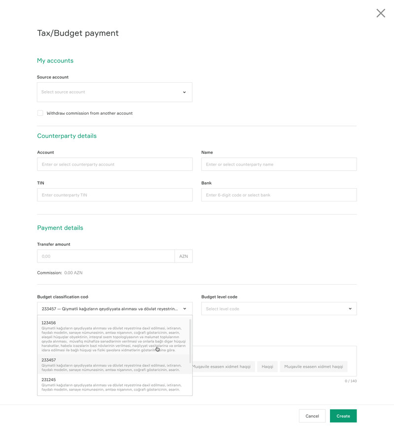 Tax and budget payment form