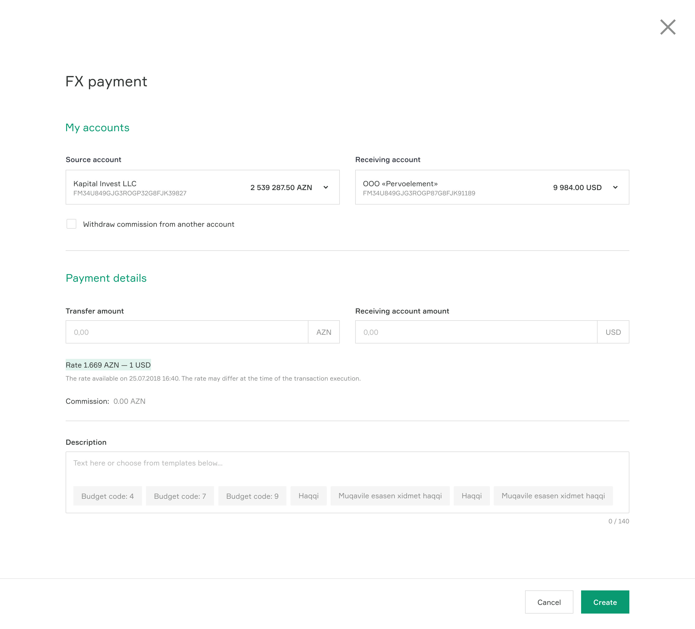 FX form: account selectors showing name, IBAN and balance