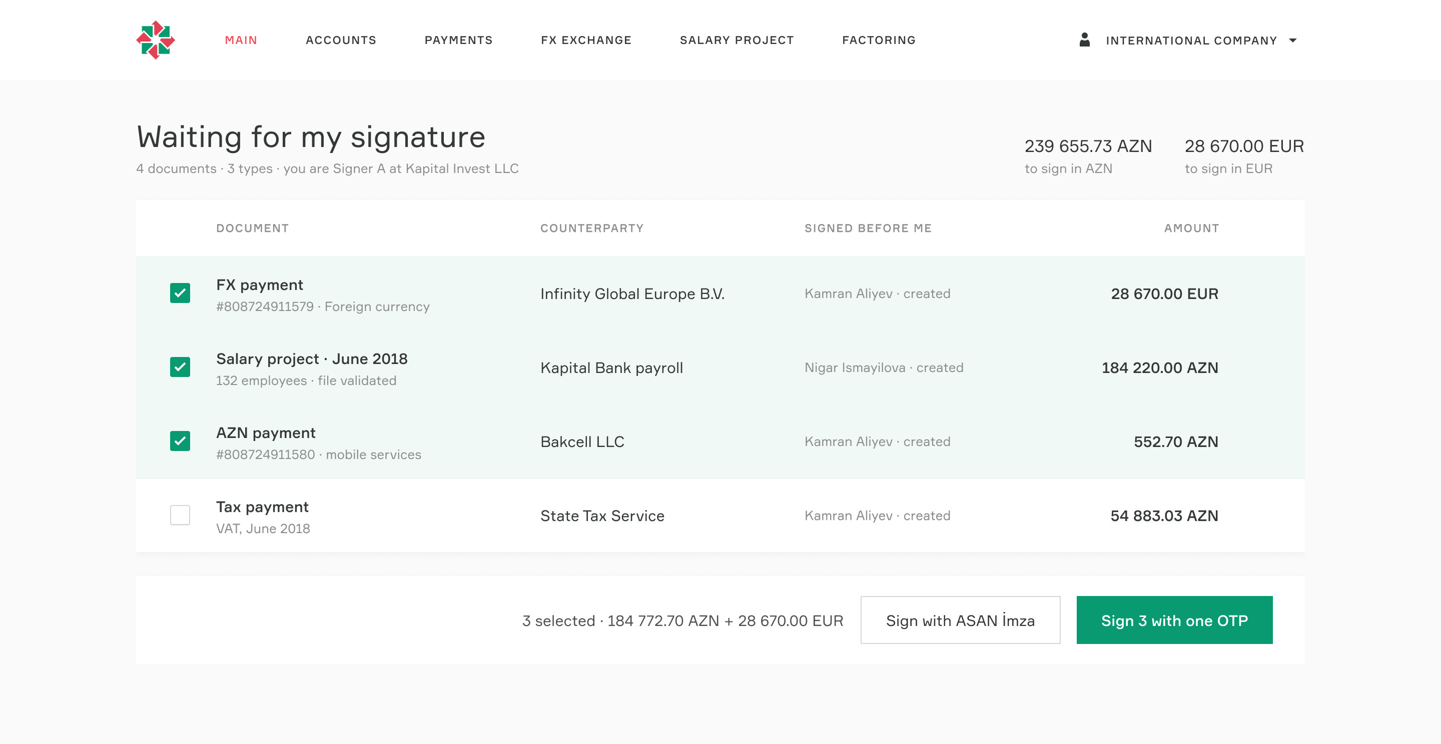 Concept: Waiting for my signature on Main, all document types, totals per currency