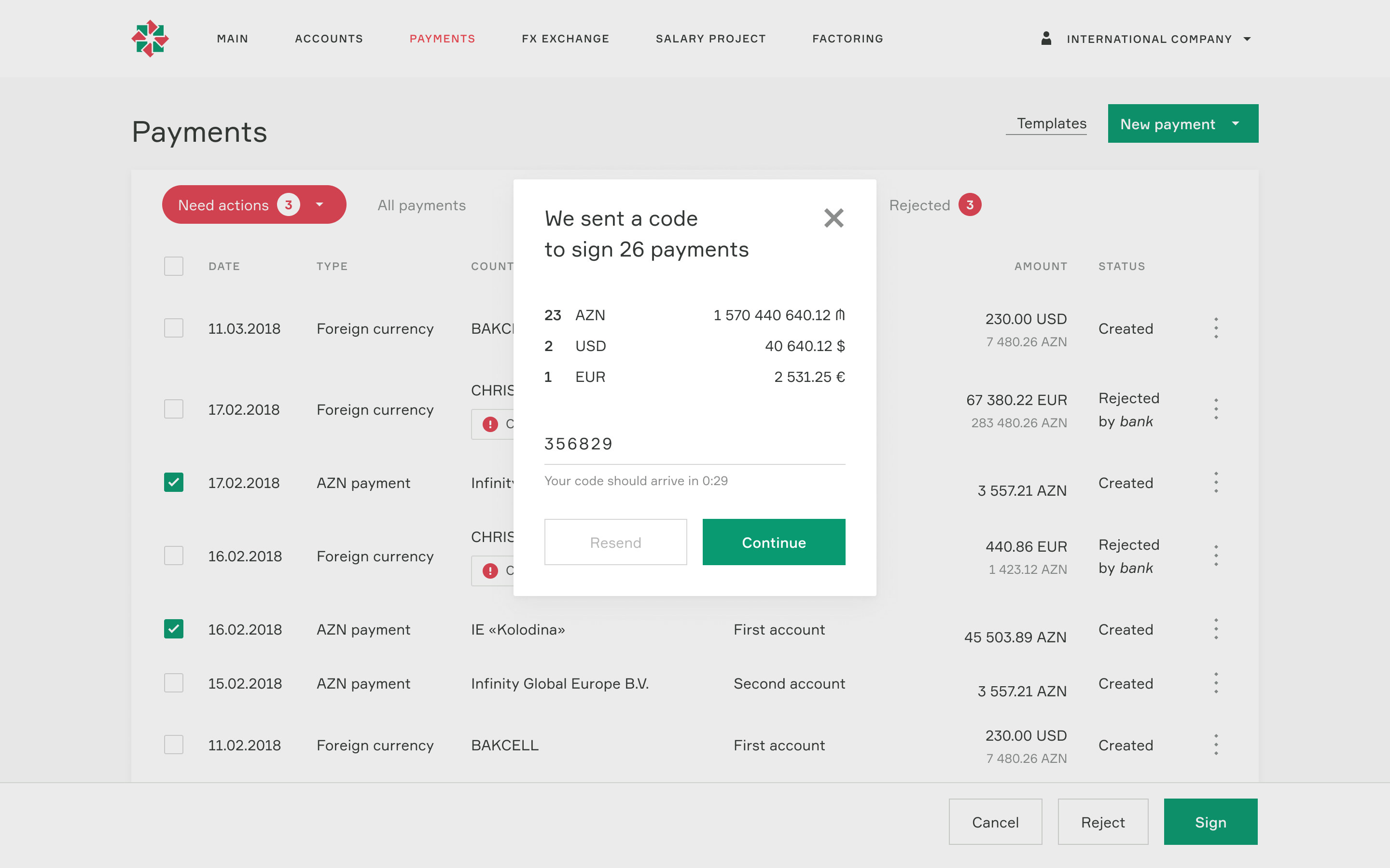 One-time code dialog: 26 payments, totals by currency — 23 in AZN, 2 in USD, 1 in EUR