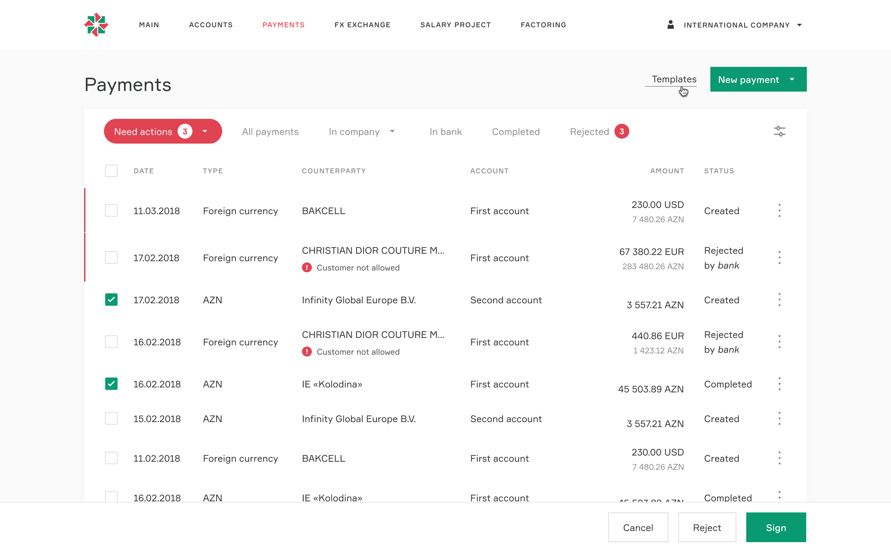 Two payments ticked; Cancel, Reject and Sign appear in a bottom bar