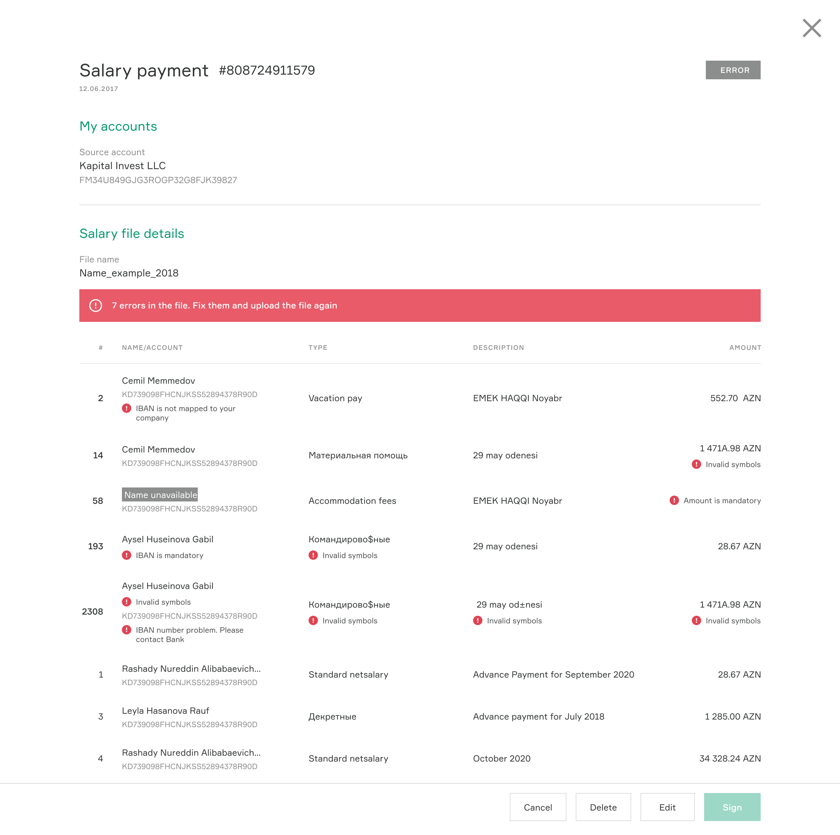 Salary payment with seven errors listed per row: IBAN not mapped to your company, invalid symbols, amount is mandatory