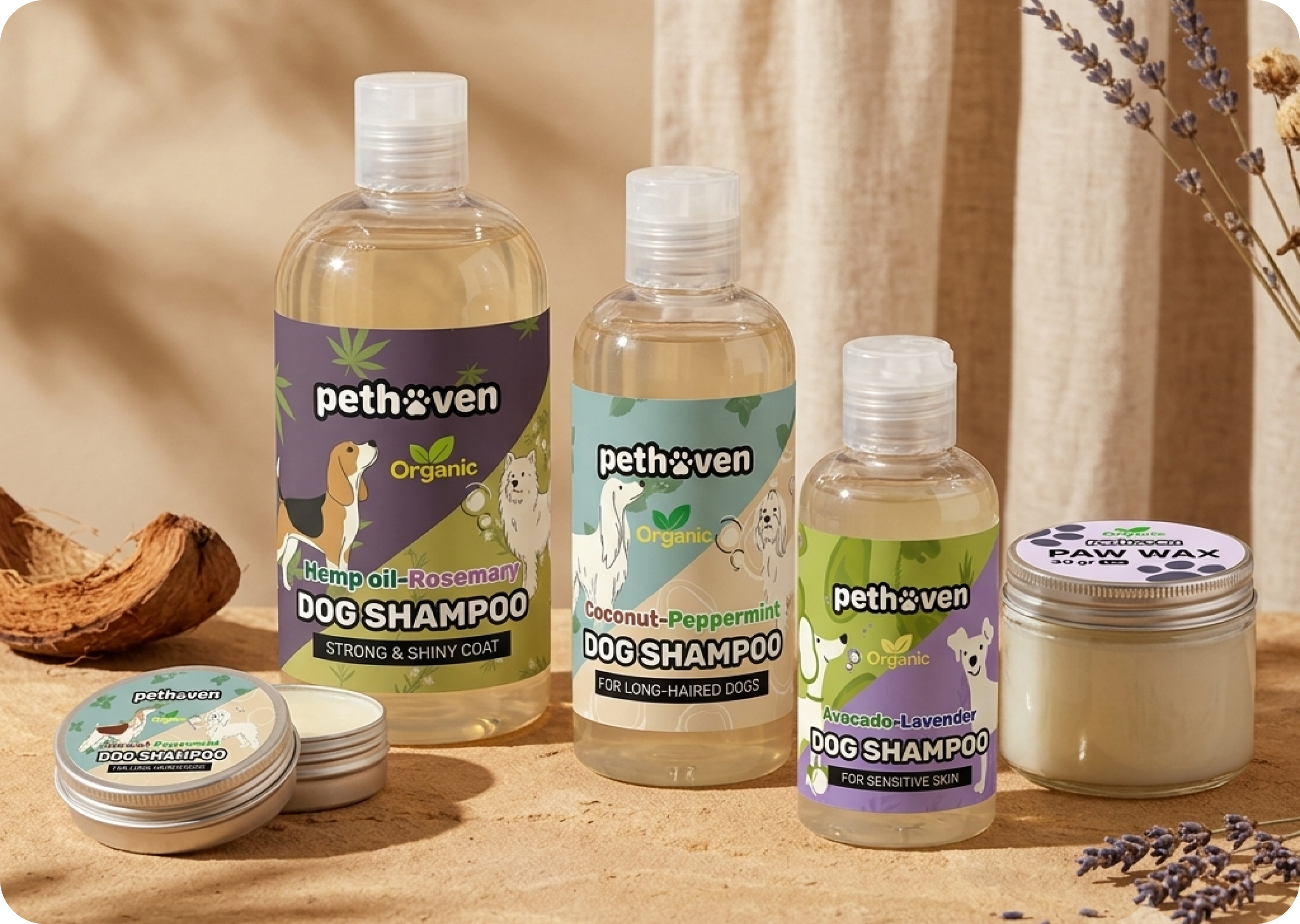 Pethoven pet-care products arranged on a table