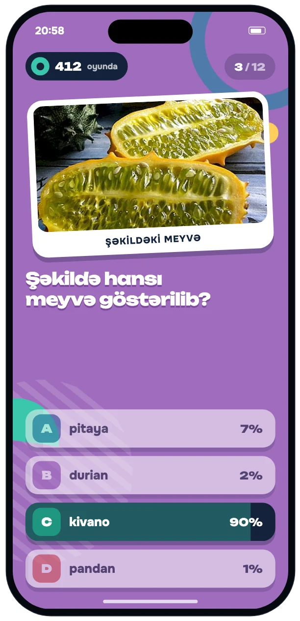 Photo question: kiwano on a tilted card, the right answer highlighted