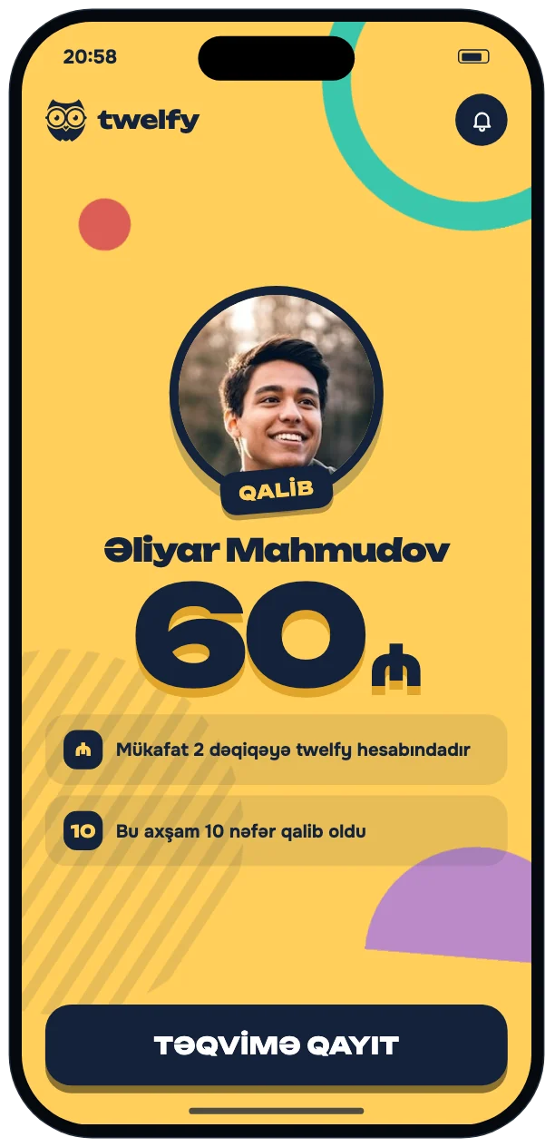 Winner: player photo with a QALİB sticker and 60 ₼