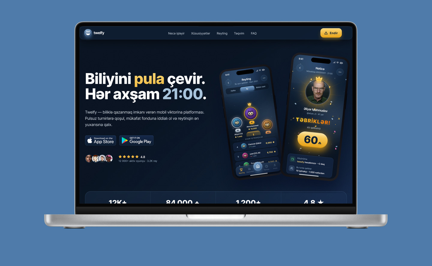 twelfy — laptop showing the live game site with Biliyini pula çevir banner, prize screens