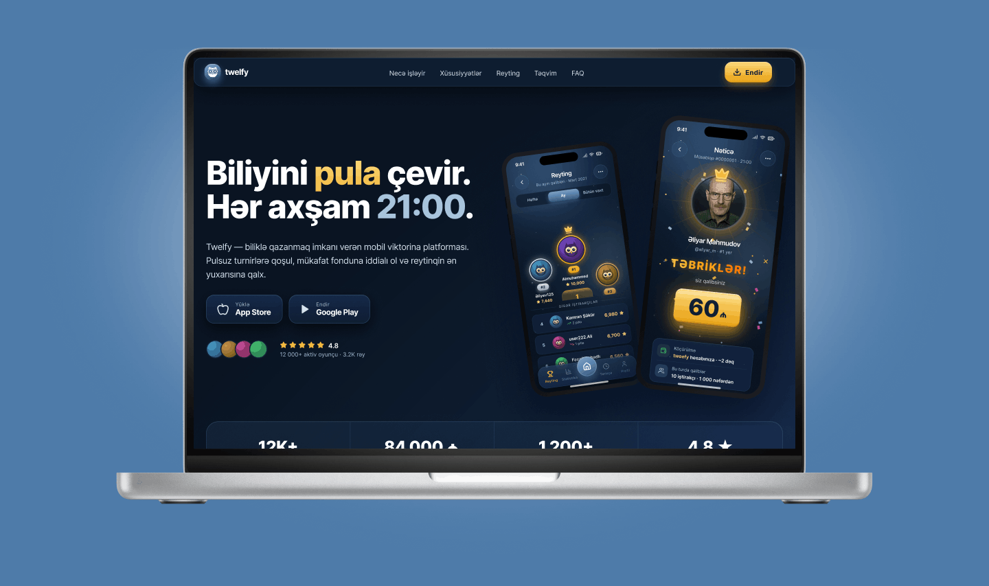 twelfy — laptop showing the live game site with Biliyini pula çevir banner, prize screens