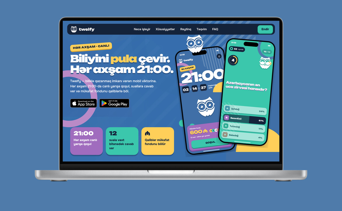 twelfy.az — Biliyini pula çevir, Hər axşam 21:00, with the game screens