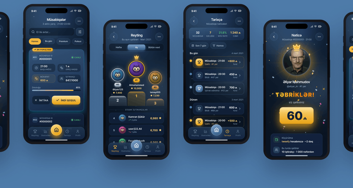 twelfy mobile screens — contests list, rating, history, and winner result