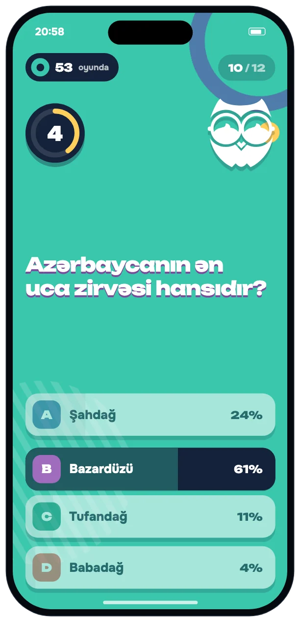 Right answer — the screen floods mint, answer shares shown