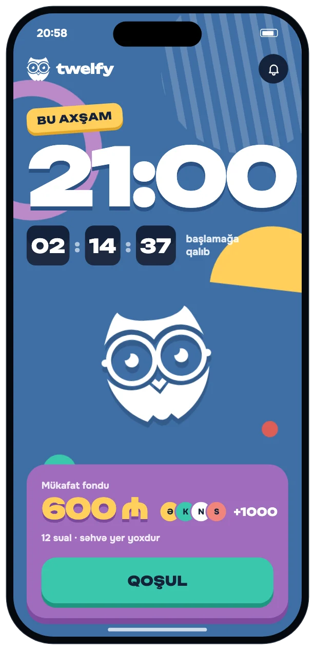 Blue lobby with a huge 21:00, countdown and the owl