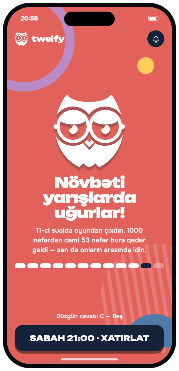 Knocked out on question 11, coral screen with the sad owl
