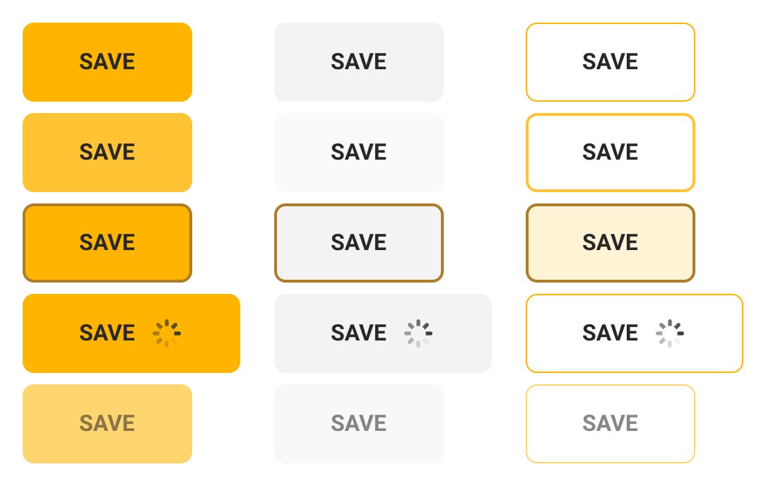 Buttons in three kinds — filled, grey, outline — each in default, hover, focus, loading and disabled states