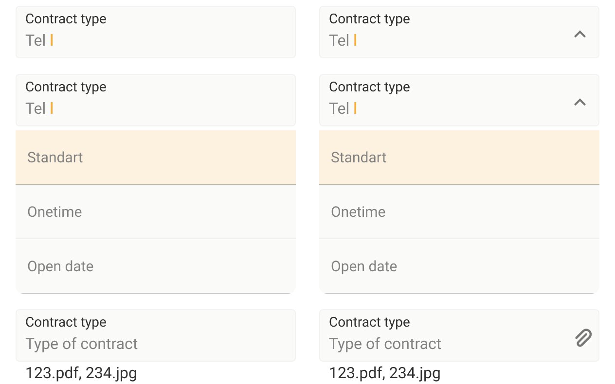 Fields while typing, with an open list, and with attached files