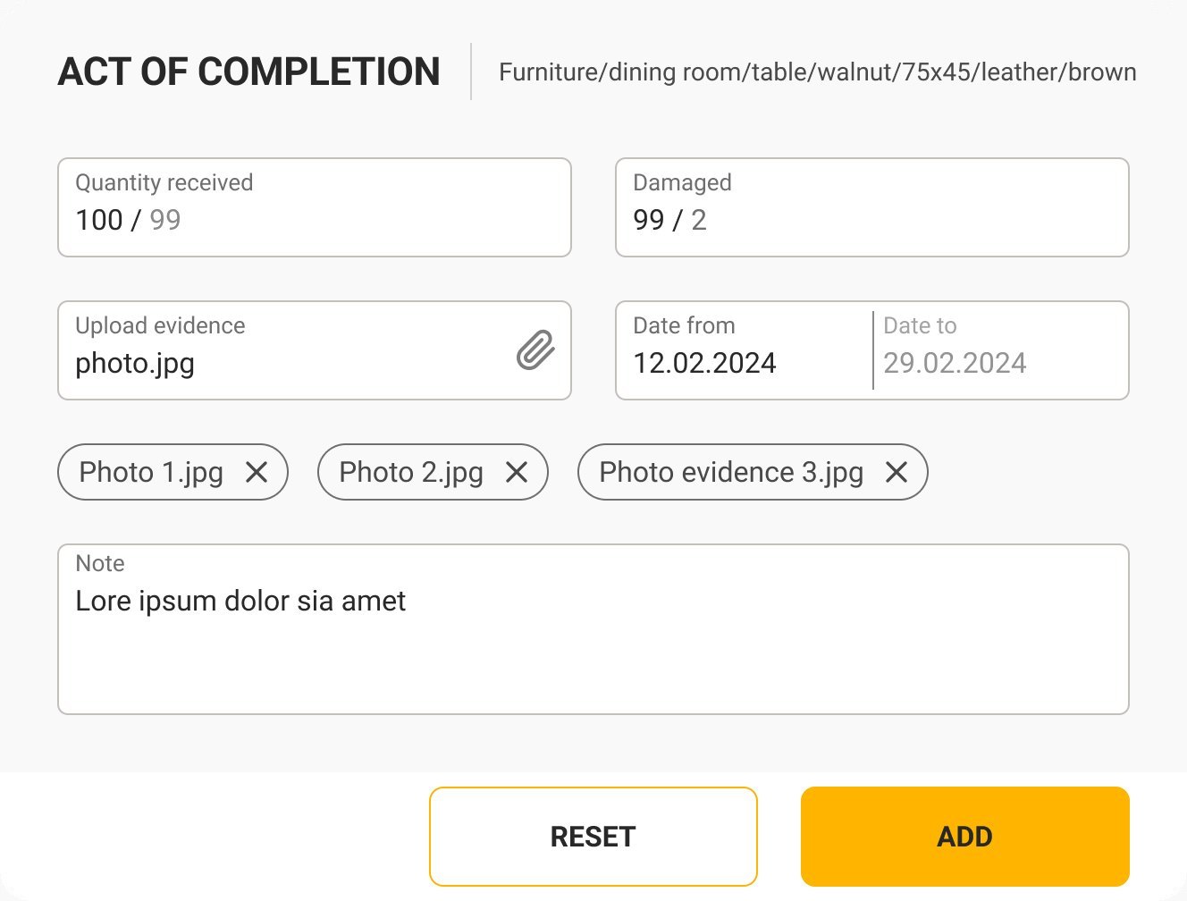 Act of completion with quantities and photo evidence