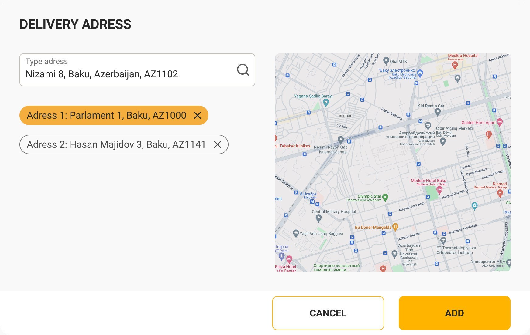 Delivery address with saved addresses and a map
