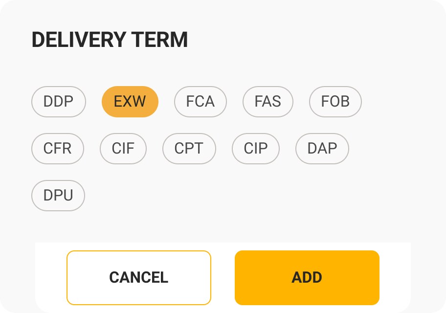 Delivery term: the eleven Incoterms as chips, EXW selected