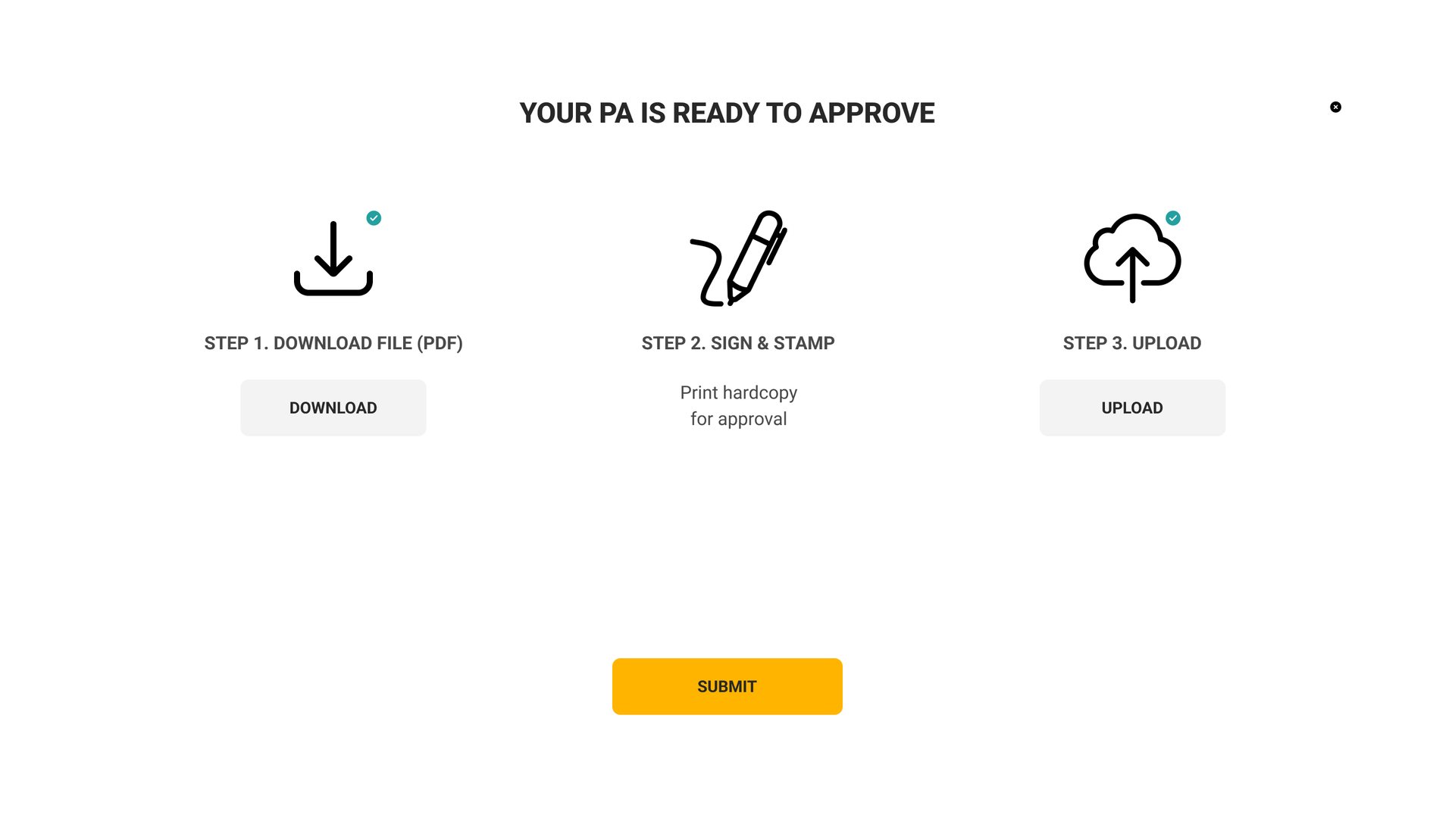 Your PA is ready to approve: download, sign and stamp, upload