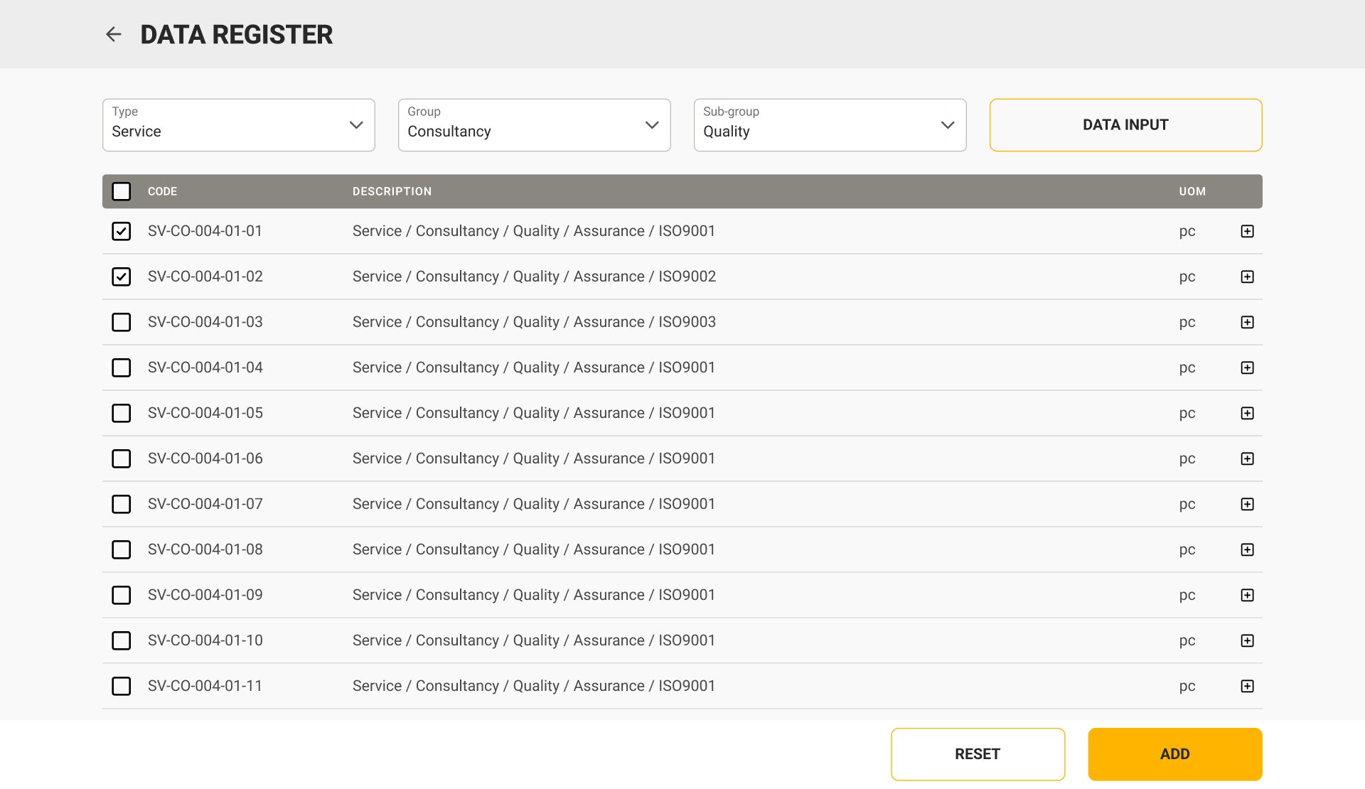 Data register with a grey column header