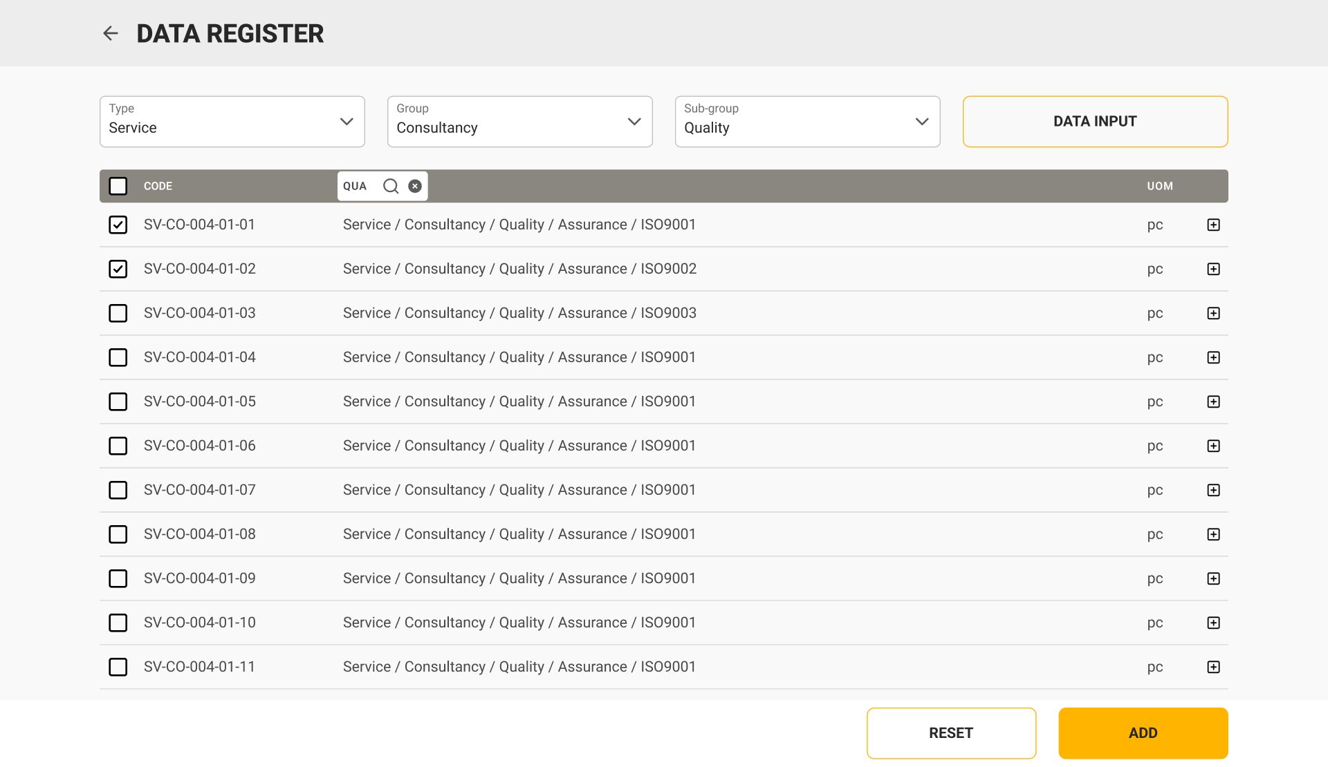 The same register: the Description header has turned into a search field with “QUA” typed