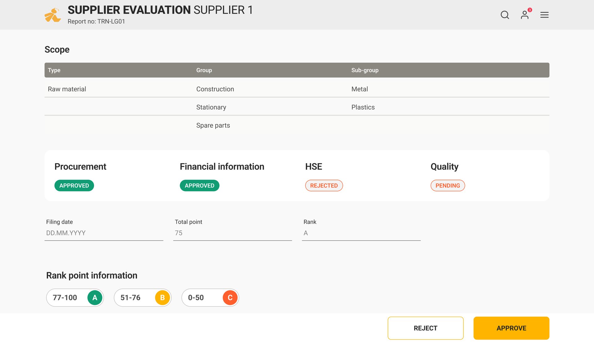 Supplier evaluation: Procurement and Financial approved, HSE rejected, Quality pending; total 75, rank A